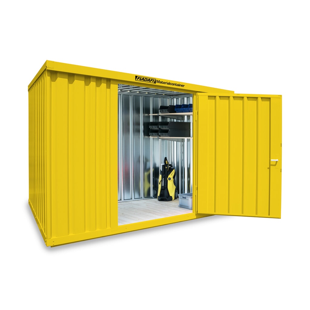 FLADAFI® Materialcontainer Einzelmodul, lackiert, HxBxT 2.150 x 3.050 x 2.170 mm, montiert, Holzfußboden, signalgelb Produktabbildung: FLADAFI® Materialcontainer Einzelmodul, lackiert, HxBxT 2.150 x 3.050 x 2.170 mm, montiert, Holzfußboden, signalgelb