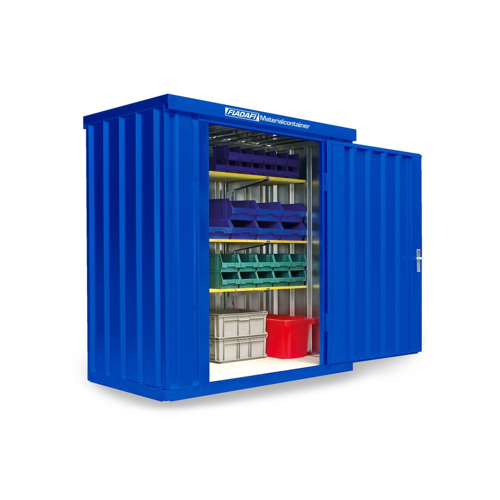 Produktabbildung: FLADAFI® Materialcontainer Einzelmodul, HxBxT 2.150 x 2.100 x 1.140 mm, montiert, Holzfußboden, lackiert, enzianblau