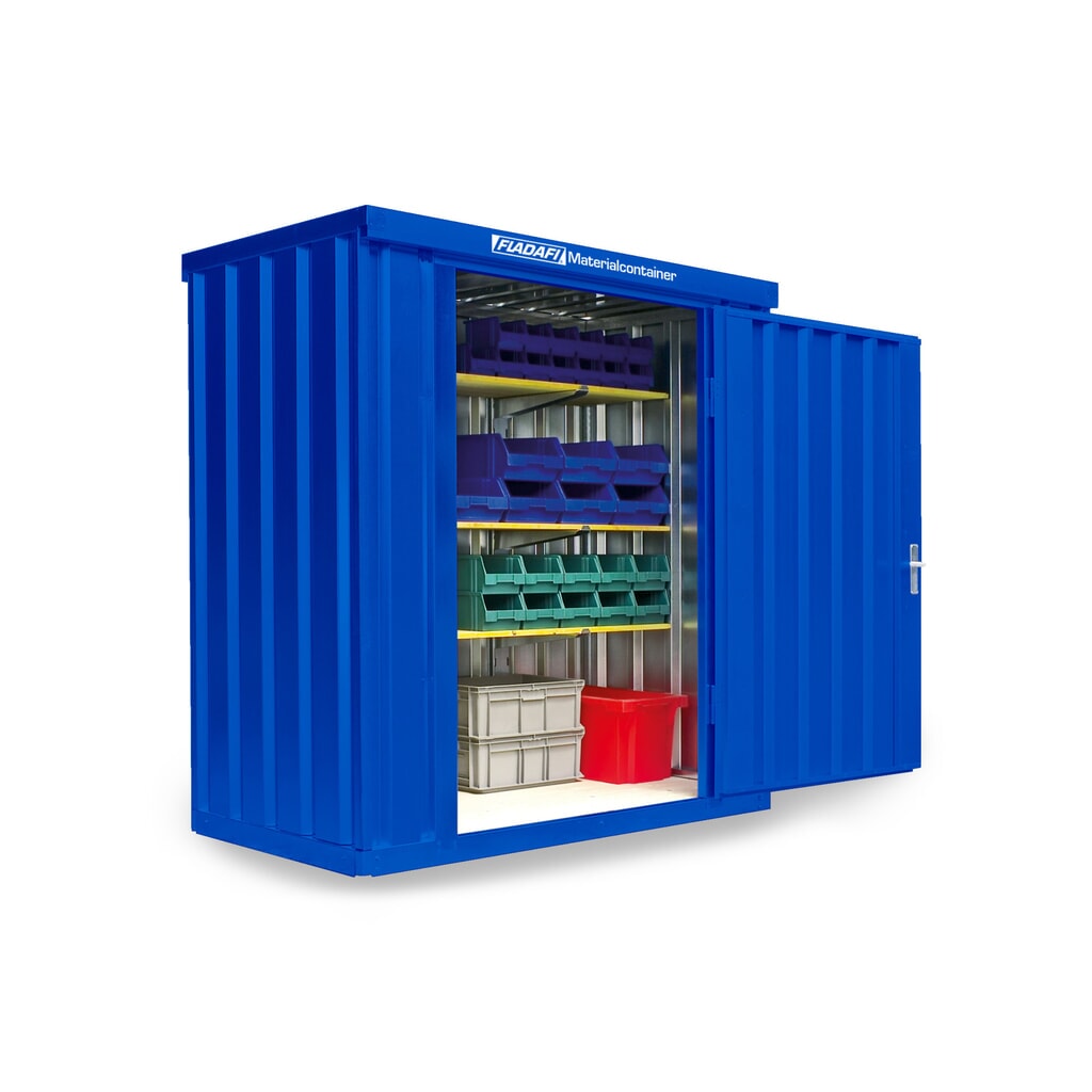 Produktabbildung Nr. 1: FLADAFI® Materialcontainer Einzelmodul, lackiert, HxBxT 2.150 x 2.100 x 1.140 mm, montiert, Holzfußboden, enzianblau
