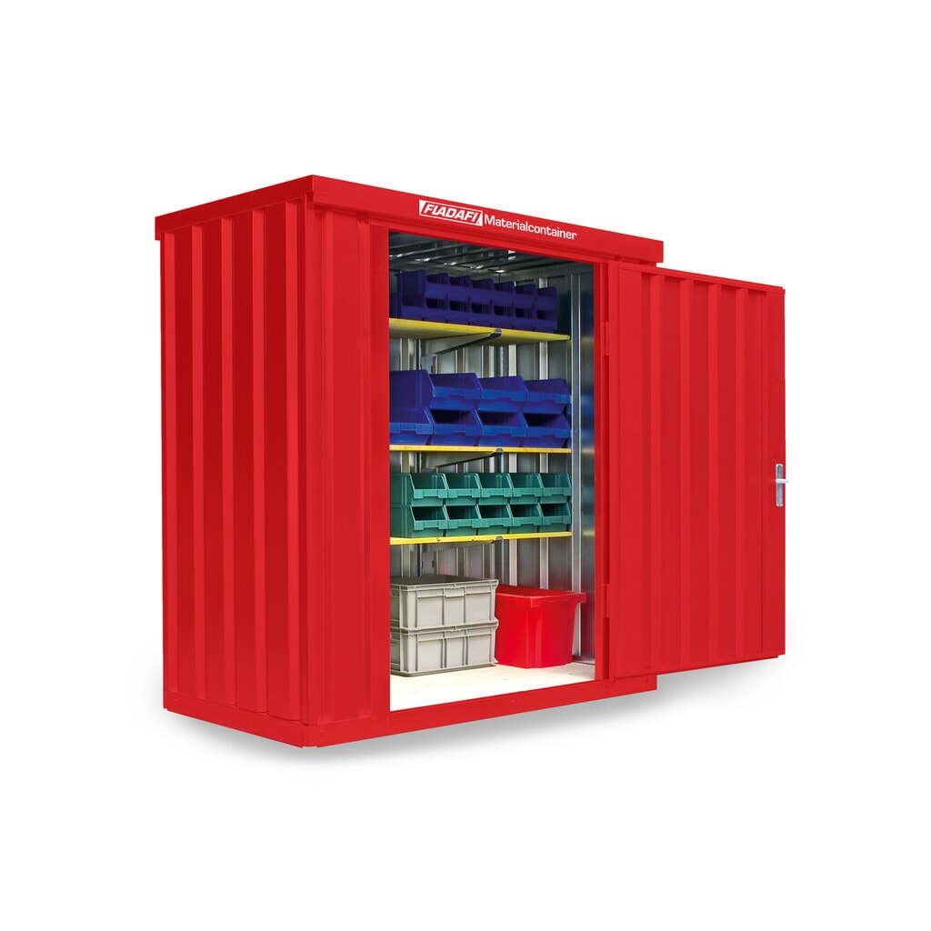 FLADAFI® Materialcontainer Einzelmodul, lackiert, HxBxT 2.150 x 2.100 x 1.140 mm, montiert, Holzfußboden, feuerrot Produktabbildung Nr. 1: FLADAFI® Materialcontainer Einzelmodul, lackiert, HxBxT 2.150 x 2.100 x 1.140 mm, montiert, Holzfußboden, feuerrot