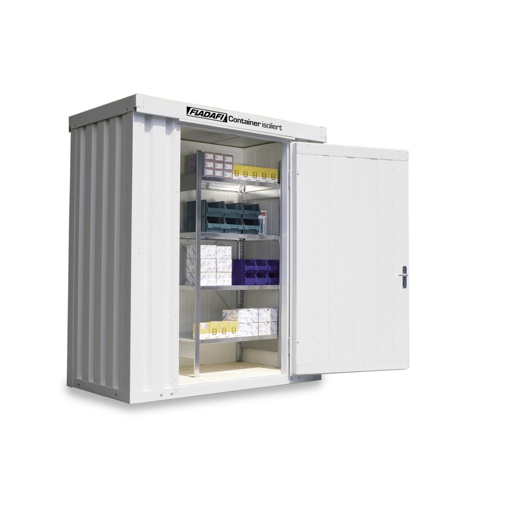 Produktabbildung: FLADAFI® Materialcontainer 2m², isoliert, mit Holzfußboden, Maße außen 2100x1140x2405 mm, Einzelflügeltür, mittig in Breitseite