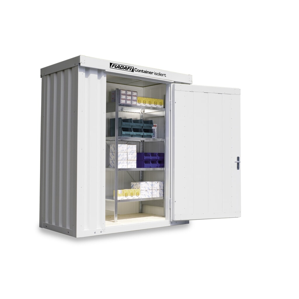 Produktabbildung: FLADAFI® Materialcontainer, isoliert, 2 m², mit Holzfußboden, HxBxT 2.405 x 2 100 x 1.140 mm, Einzelflügeltür, mittig in Breitseite