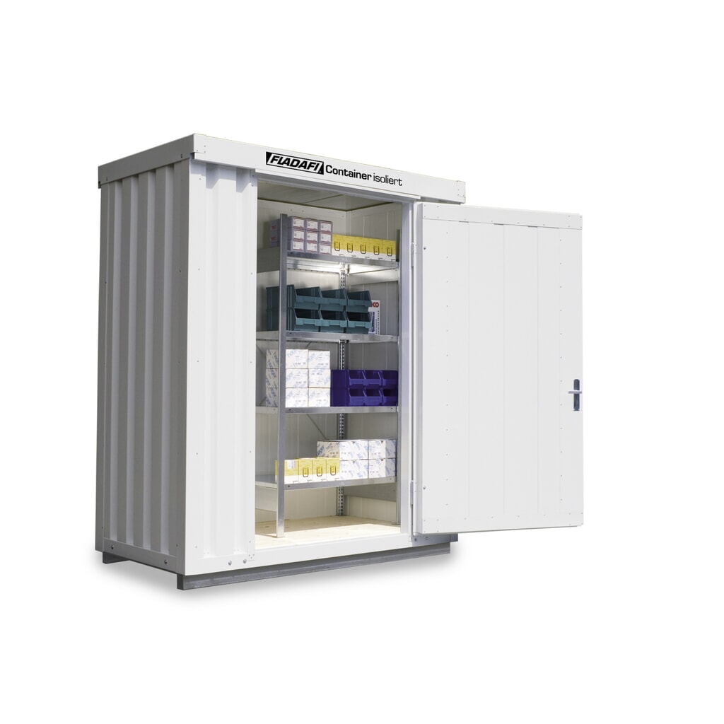 Produktabbildung: FLADAFI® Materialcontainer, isoliert, 2 m², mit isoliertem Boden, HxBxT 2.500 x 2 100 x 1.140 mm, Einzelflügeltür, mittig in Breitseite