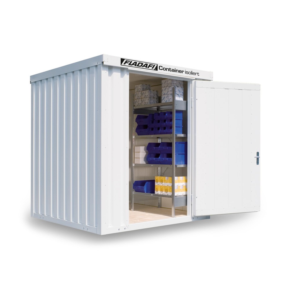 Produktabbildung: FLADAFI® Materialcontainer 4m², isoliert, mit Holzfußboden, Maße außen 2100x2170x2405 mm, Einzelflügeltür, mittig in Breitseite
