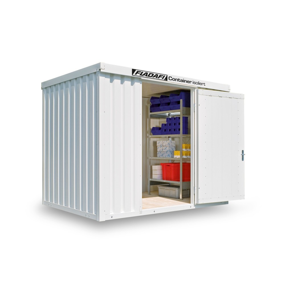 Produktabbildung: FLADAFI® Materialcontainer 6m², isoliert, mit Holzfußboden, Maße außen 3050x2170x2405 mm, Einzelflügeltür, mittig in Stirnseite