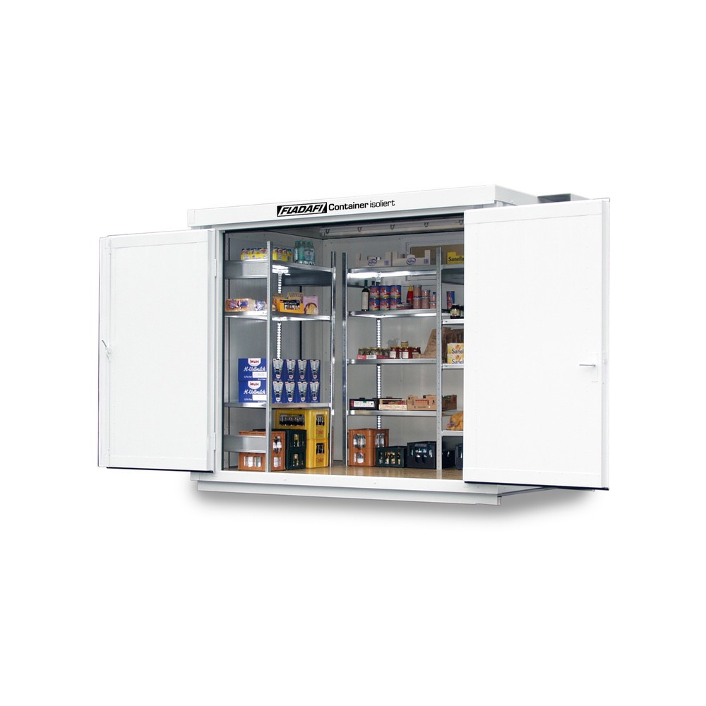Produktabbildung: FLADAFI® Materialcontainer 6m², isoliert, mit isoliertem Boden, Maße außen 3050x2170x2500 mm, Einzelflügeltür, mittig in Breitseite