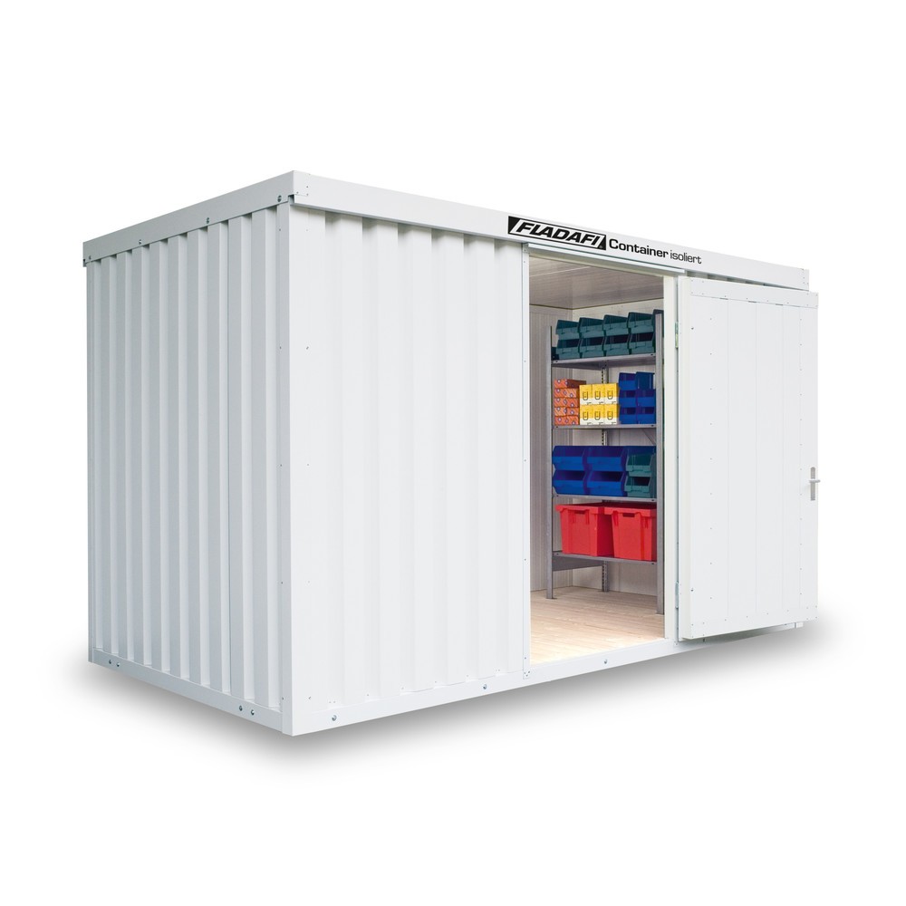 Produktabbildung: FLADAFI® Materialcontainer 8m², isoliert, mit Holzfußboden, Maße außen 4050x2170x2405 mm, Doppelflügeltür, mittig in Breitseite