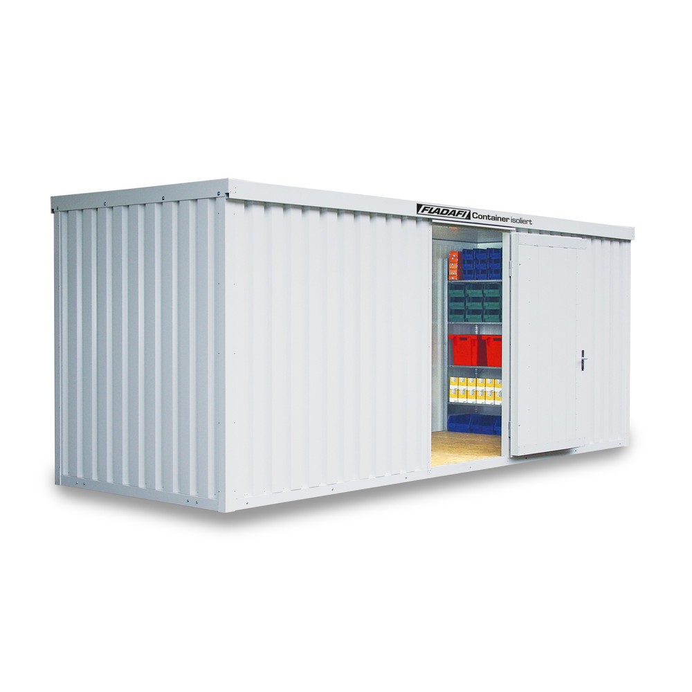 Produktabbildung: FLADAFI® Materialcontainer 12m², isoliert, mit Holzfußboden, Maße außen 6080x2170x2405 mm, Einzelflügeltür, mittig in Breitseite