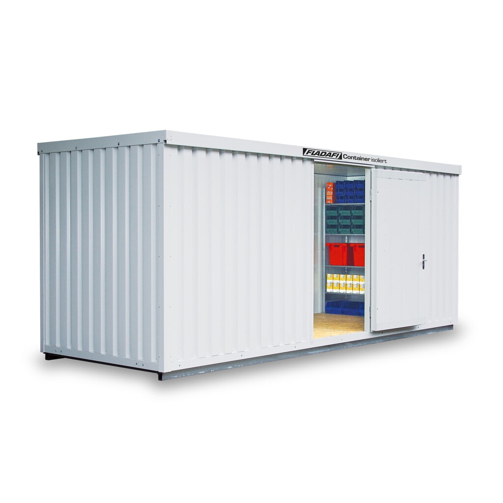 Produktabbildung: FLADAFI® Materialcontainer, isoliert, 12 m², mit isoliertem Boden, HxBxT 2.500 x 6.080 x 2.170 mm, Einzelflügeltür, mittig in Stirnseite