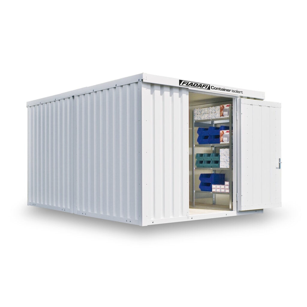 Produktabbildung: FLADAFI® Materialcontainer-Kombination, isoliert, 12 m², mit Holzfußboden, HxBxT 2.405 x 3.050 x 4.340 mm, Einzelflügeltür, mittig in Stirnseite