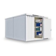 Produktabbildung Nr. 1: FLADAFI® Materialcontainer-Kombination, isoliert, 12 m², mit Holzfußboden, HxBxT 2.405 x 3.050 x 4.340 mm, Einzelflügeltür, mittig in Stirnseite