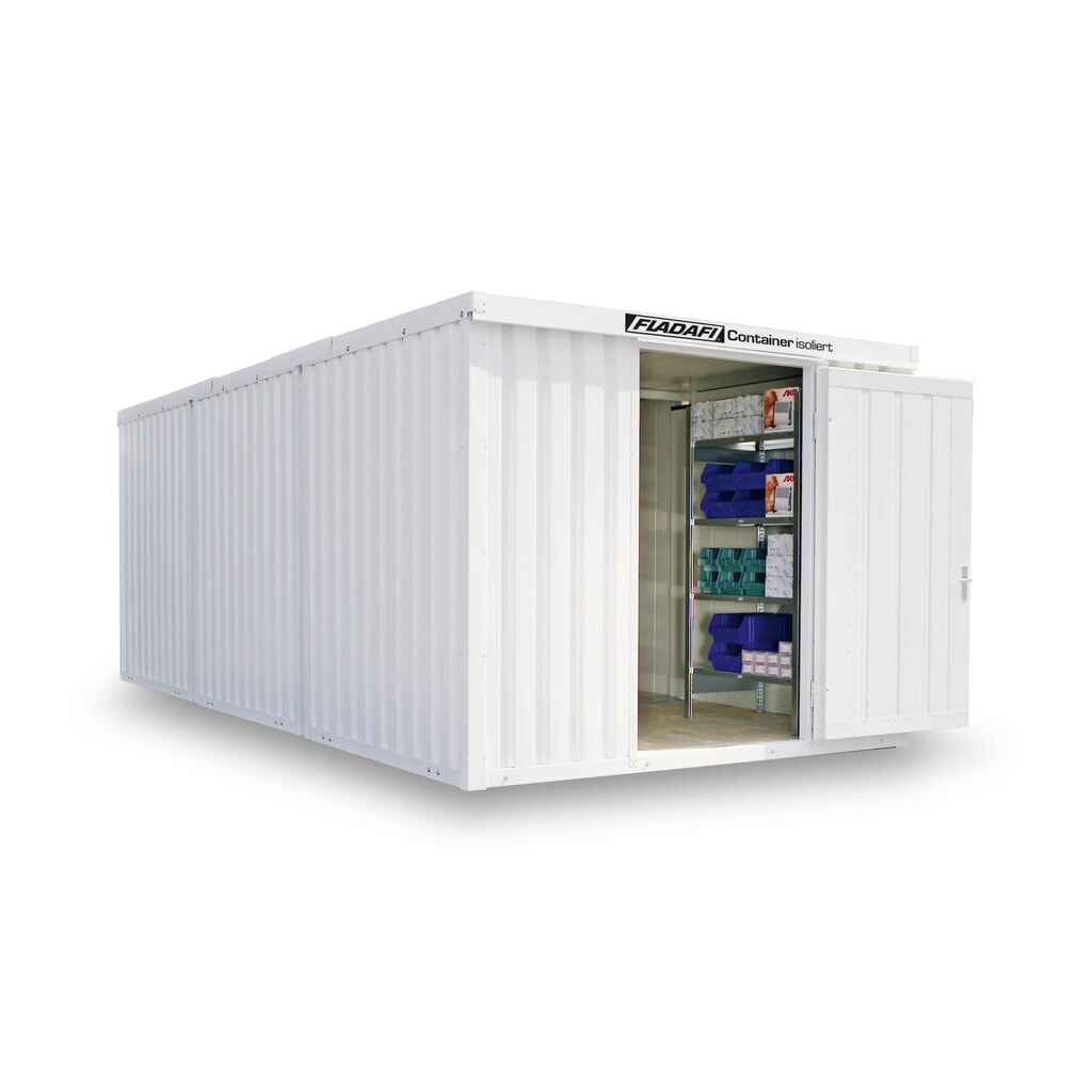 Produktabbildung: FLADAFI® Materialcontainer-Kombination, isoliert, 18 m², mit Holzfußboden, HxBxT 2.405 x 3.050 x 6.520 mm, Einzelflügeltür, mittig in Stirnseite