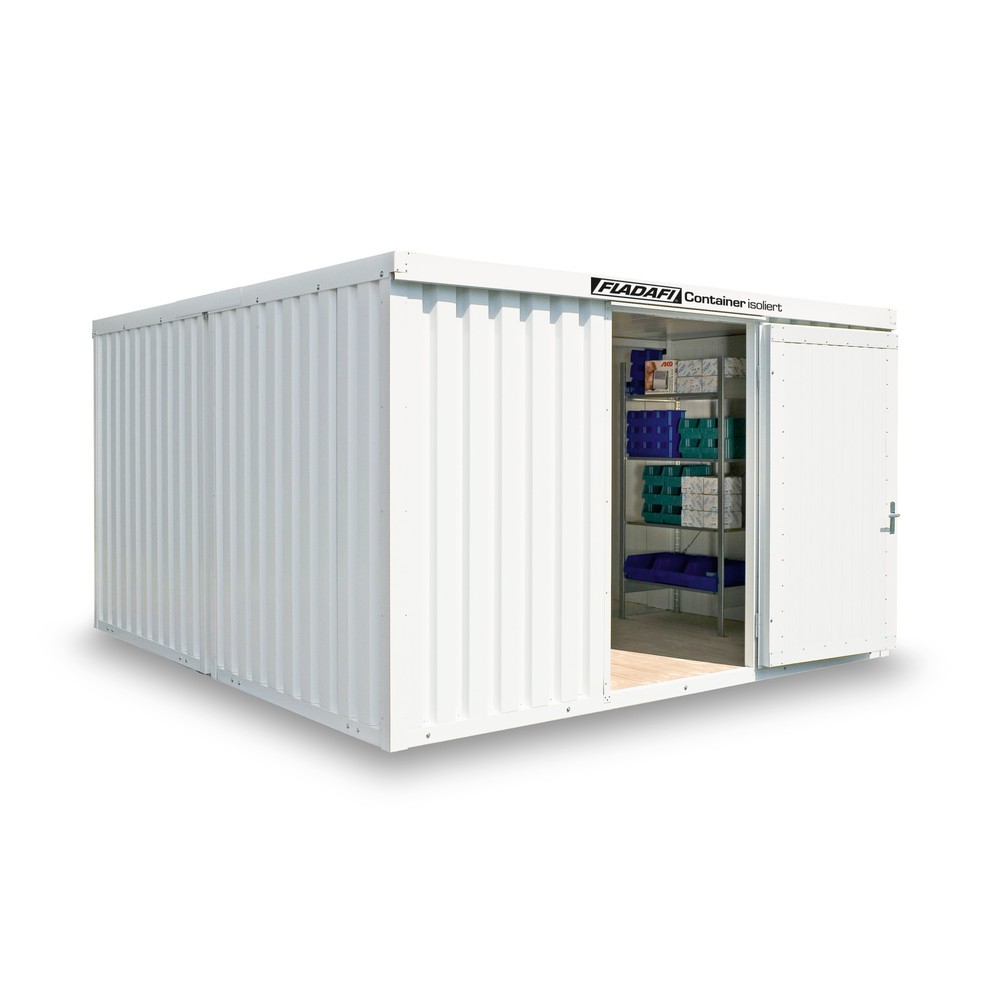 Produktabbildung: FLADAFI® Materialcontainer-Kombination 16m², isoliert, mit Holzfußboden, Maße außen 4050x4340x2405 mm, Einzelflügeltür, mittig im Modul