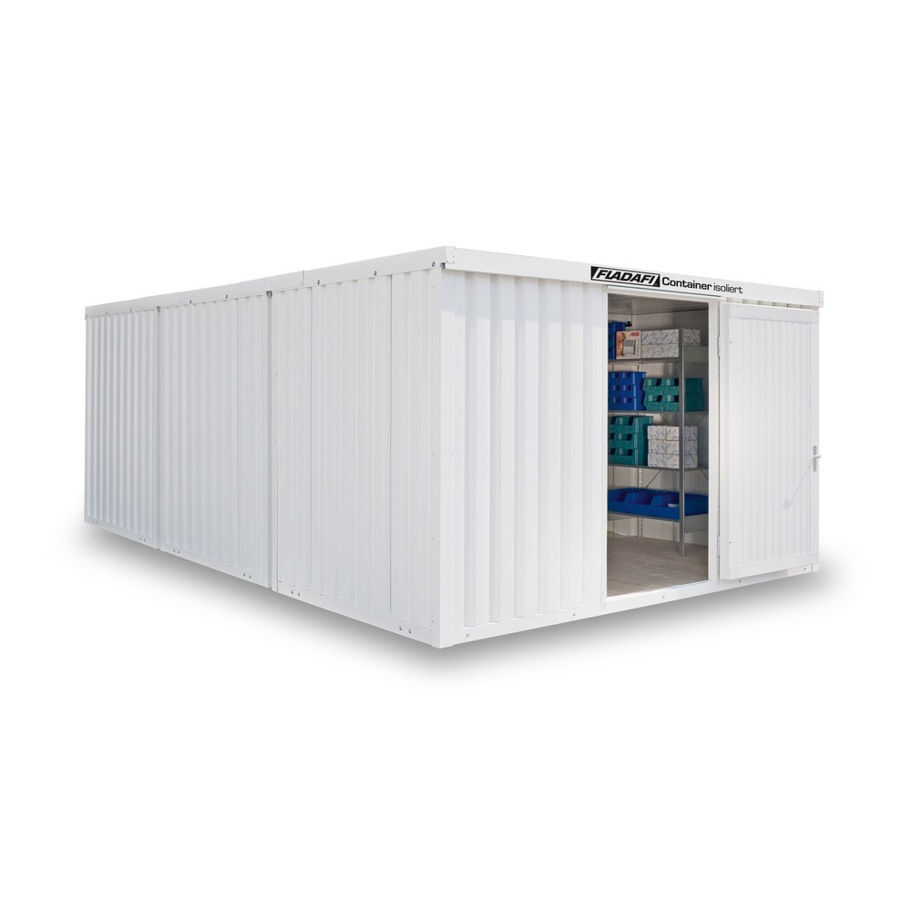 Produktabbildung: FLADAFI® Materialcontainer-Kombination 25m², isoliert, mit Holzfußboden, Maße außen 4050x6520x2405 mm, Einzelflügeltür, mittig in Stirnseite