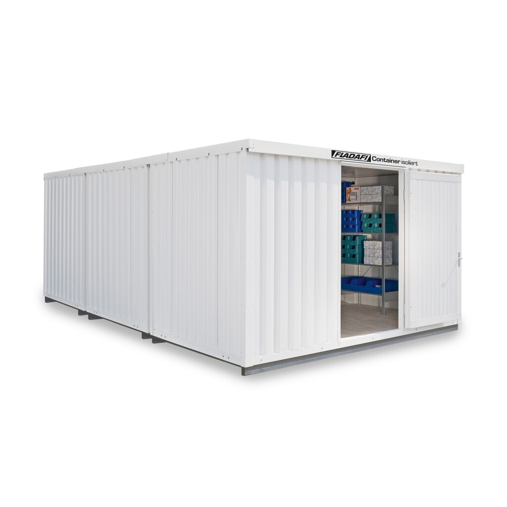 Produktabbildung: FLADAFI® Materialcontainer-Kombination, isoliert, 25 m², mit isoliertem Boden, HxBxT 2.500 x 4.050 x 6.520 mm, Doppelflügeltür, mittig in Stirnseite