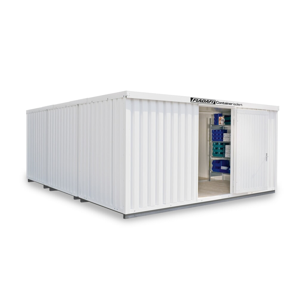 Produktabbildung: FLADAFI® Materialcontainer-Kombination, isoliert, 29 m², mit isoliertem Boden, HxBxT 2.465 x 5.080 x 6.520 mm, Doppelflügeltür (asymmetrische Teilung), mittig im Modul