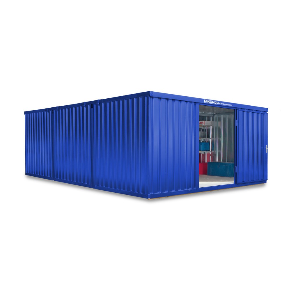 Produktabbildung: FLADAFI® Materialcontainer Kombination, 3 Module, HxBxT 2.150 x 4.050 x 6.520 mm, vormontiert, Holzfußboden, lackiert, enzianblau