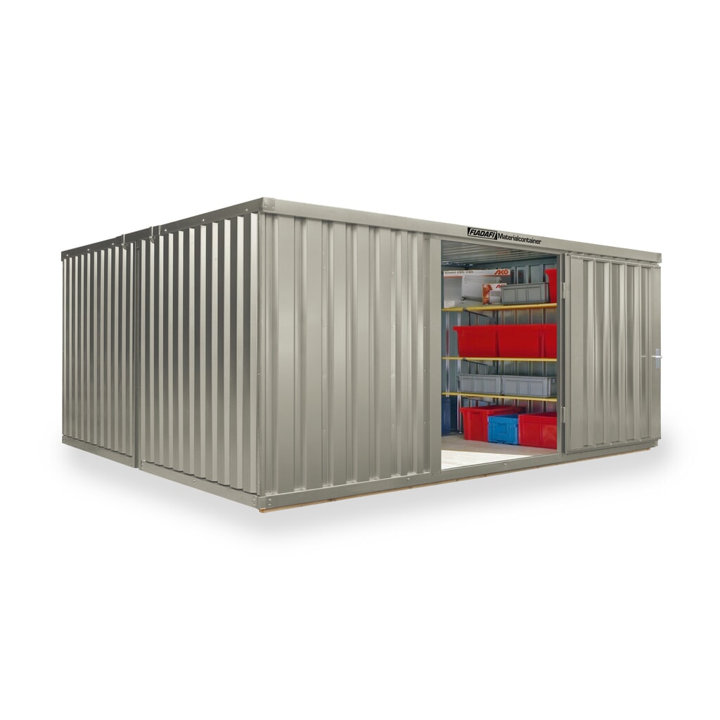 FLADAFI® Materialcontainer Kombination, lackiert, 2 Module, HxBxT 2.150 x 4.050 x 4.340 mm, vormontiert, Holzfußboden, grauweiß Produktabbildung: FLADAFI® Materialcontainer Kombination, lackiert, 2 Module, HxBxT 2.150 x 4.050 x 4.340 mm, vormontiert, Holzfußboden, grauweiß