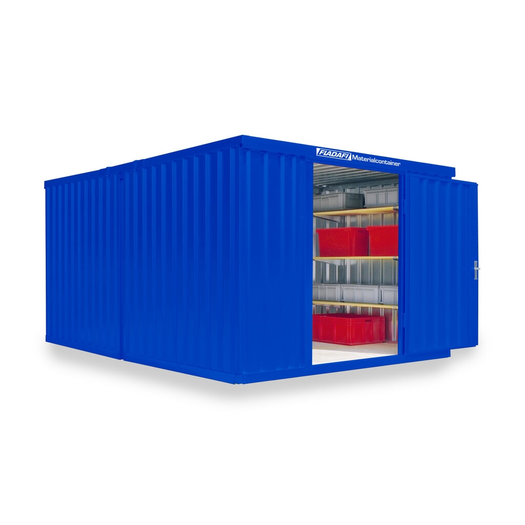 Produktabbildung: FLADAFI® Materialcontainer Kombination, lackiert, 2 Module, HxBxT 2.150 x 3.050 x 4.340 mm, zerlegt, Holzfußboden, enzianblau