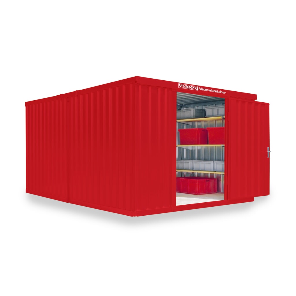 FLADAFI® Materialcontainer Kombination, lackiert, 2 Module, HxBxT 2.150 x 3.050 x 4.340 mm, zerlegt, Holzfußboden, feuerrot Produktabbildung: FLADAFI® Materialcontainer Kombination, lackiert, 2 Module, HxBxT 2.150 x 3.050 x 4.340 mm, zerlegt, Holzfußboden, feuerrot