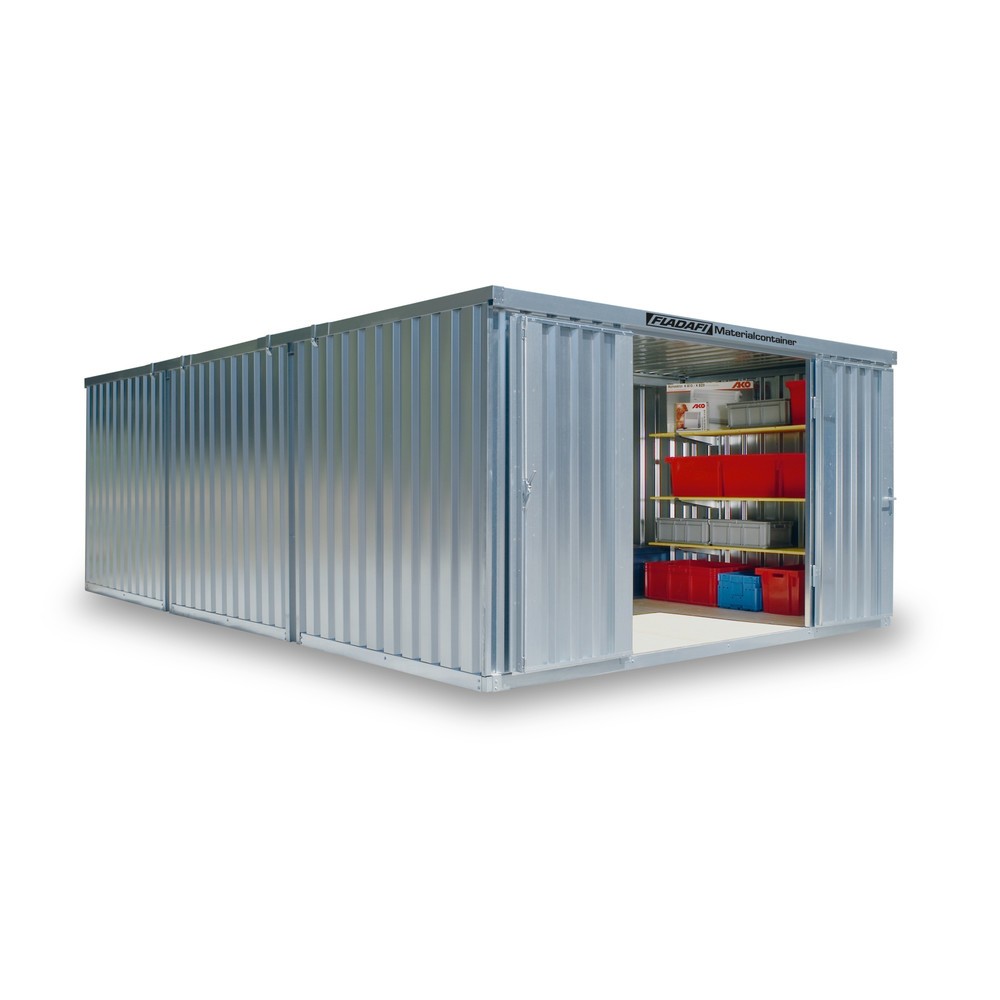 Produktabbildung: FLADAFI® Materialcontainer-Kombination 25m², zerlegt, mit Holzfußboden, Maße außen 4050x6520x2150 mm, Doppelflügeltür (asymmetrische Teilung), mittig in Stirnseite, Zusatztür