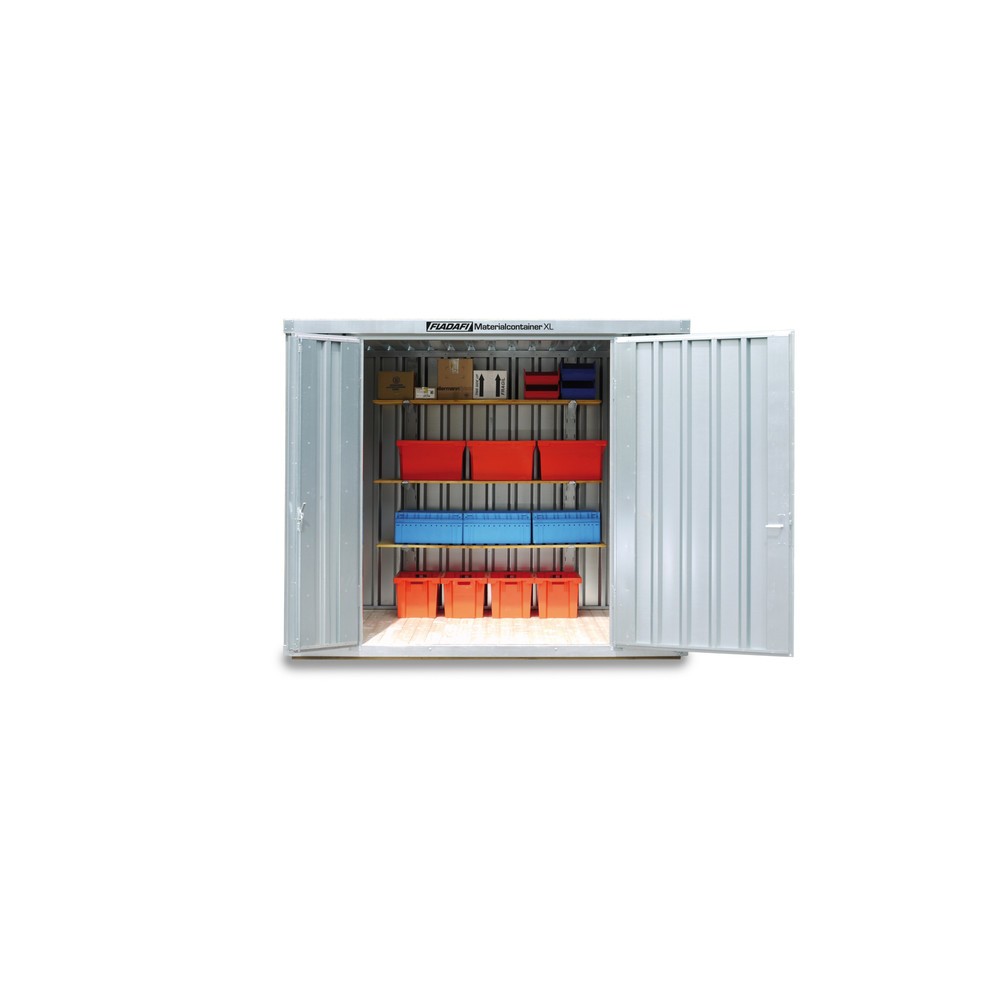 Produktabbildung: FLADAFI® Materialcontainer XL 6m², verzinkt, montiert, mit Holzfußboden, Maße außen 3020x2170x2532 mm, Doppelflügeltür (asymmetrische Teilung), mittig in Stirnseite