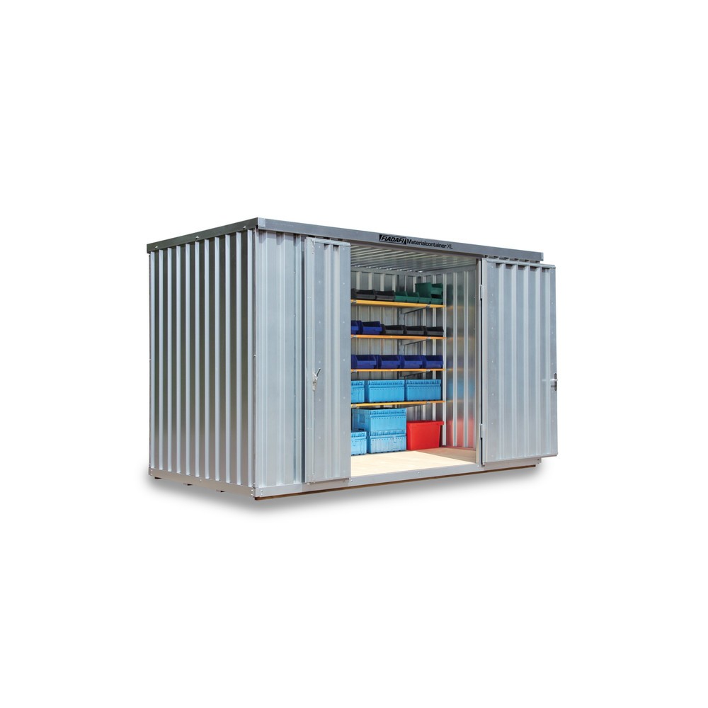 Produktabbildung: FLADAFI® Materialcontainer XL 10m², verzinkt, montiert, mit Holzfußboden, Maße außen 5080x2170x2532 mm, Doppelflügeltür (asymmetrische Teilung), mittig in Stirnseite