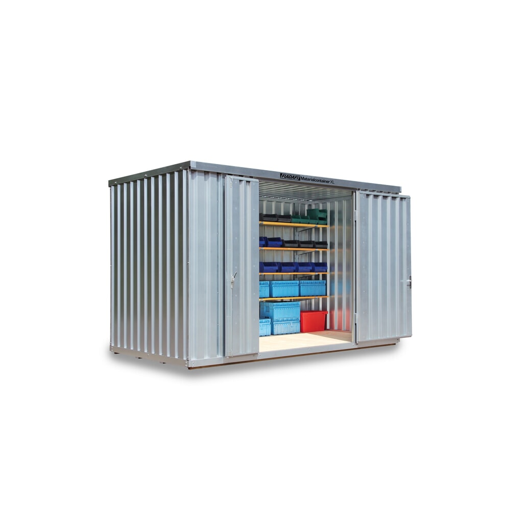 Produktabbildung: FLADAFI® Materialcontainer, verzinkt, montiert, XL 10 m², mit Holzfußboden, HxBxT 2.532 x 5.080 x 2.170 mm, Doppelflügeltür (asymmetrische Teilung), mittig in Breitseite