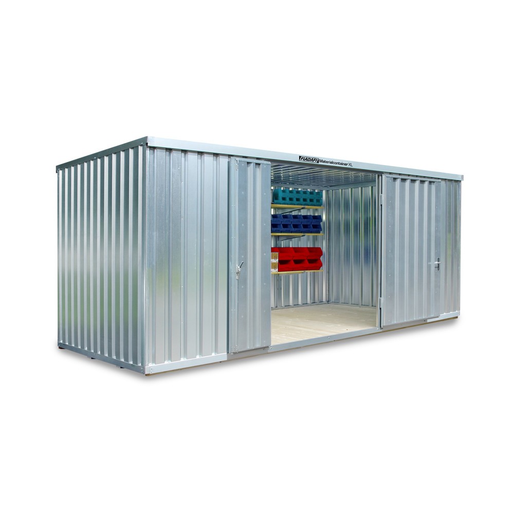 Produktabbildung: FLADAFI® Materialcontainer XL 12m², verzinkt, montiert, mit Holzfußboden, Maße außen 6020x2170x2532 mm, Doppelflügeltür (asymmetrische Teilung), mittig in Breitseite