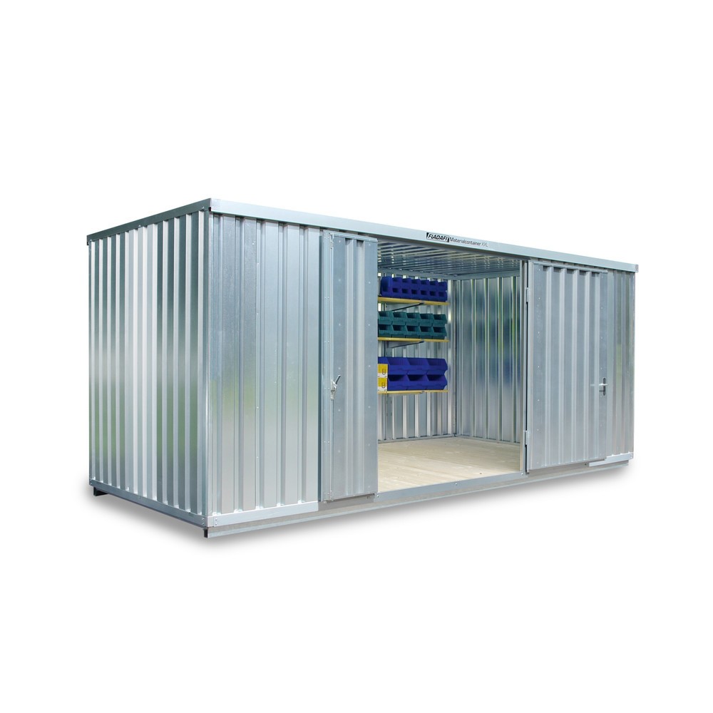 Produktabbildung: FLADAFI® Materialcontainer XXL 14m², verzinkt, montiert, Maße außen 6020x2540x2595 mm, Doppelflügeltür (asymmetrische Teilung), mittig in Stirnseite