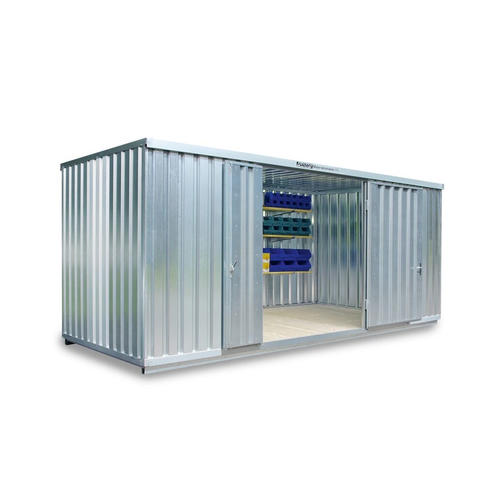 FLADAFI® Materialcontainer, verzinkt, montiert, XXL 14 m², HxBxT 2.595 x 6.020 x 2.540 mm, Doppelflügeltür (asymmetrische Teilung), mittig in Stirnseite Produktabbildung: FLADAFI® Materialcontainer, verzinkt, montiert, XXL 14 m², HxBxT 2.595 x 6.020 x 2.540 mm, Doppelflügeltür (asymmetrische Teilung), mittig in Stirnseite
