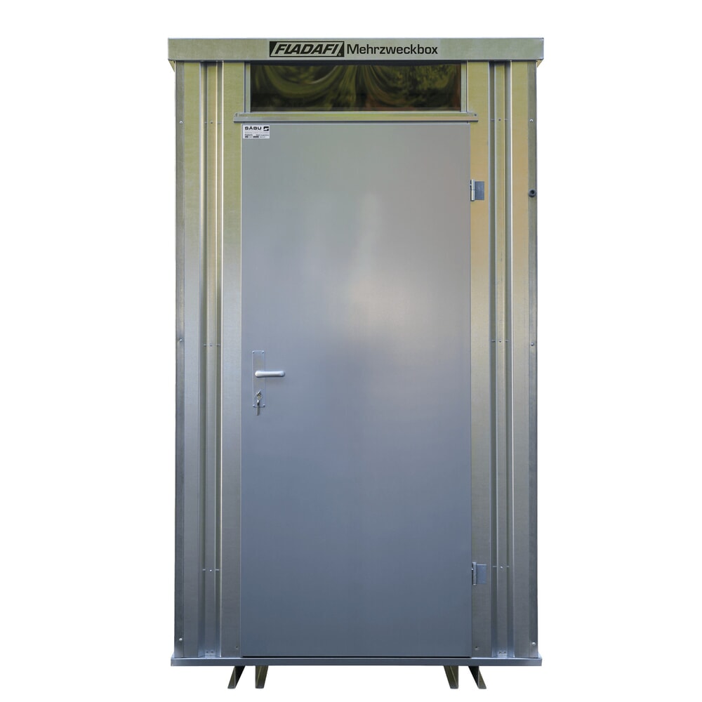 Produktabbildung: FLADAFI® Mehrzweckbox, verzinkt, montiert, ohne Einrichtung, Einflügeltür, mittig in Breitseite