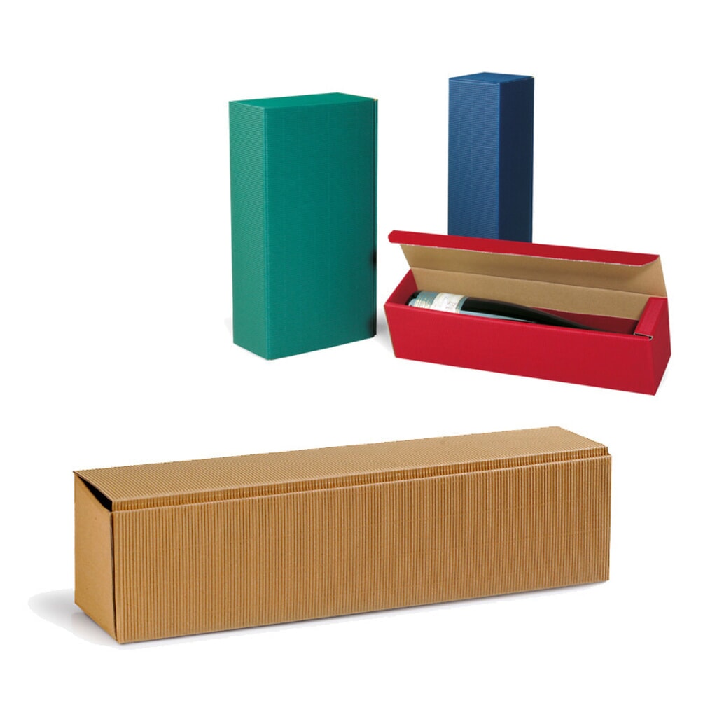 Produktabbildung: Flaschen-Präsentkarton 1er, 385 x 92 x 96 mm, natur, offene Welle