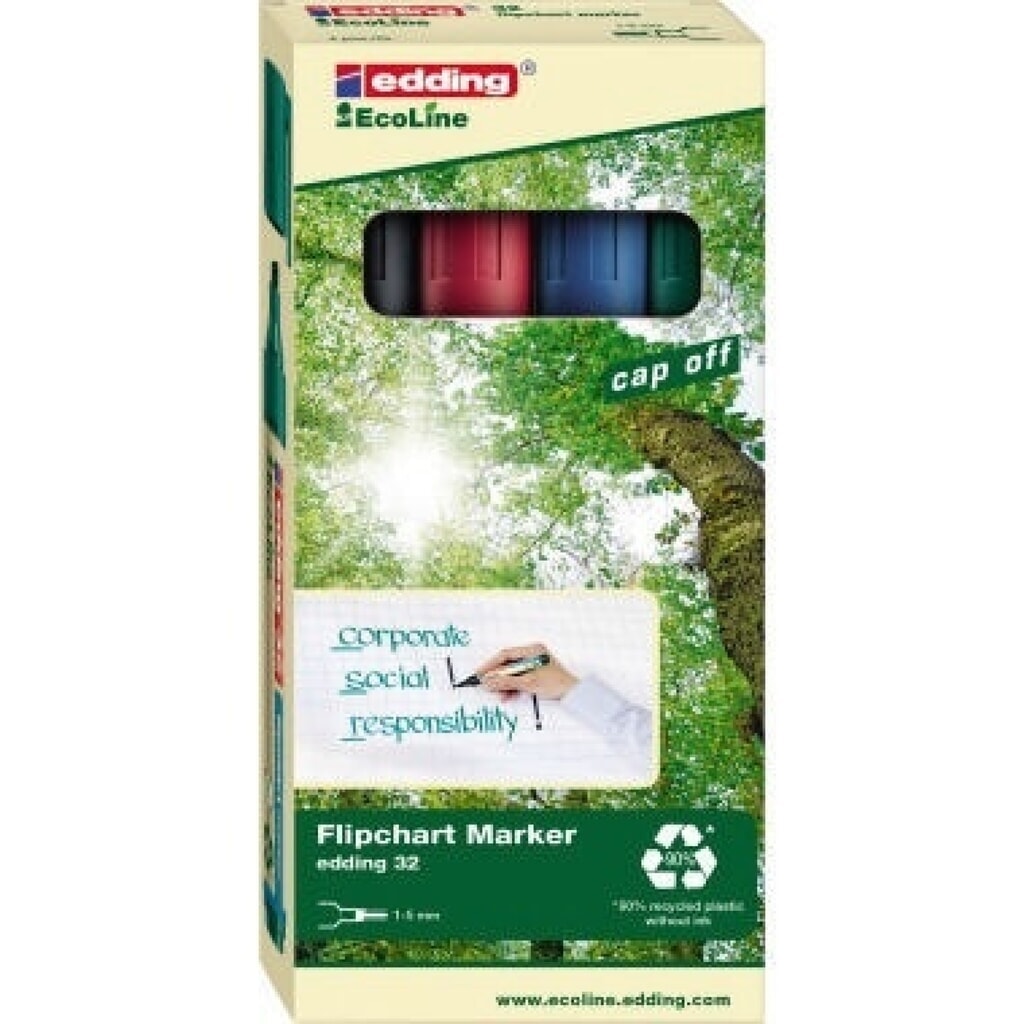 edding Flipchartmarker 32 EcoLine 4-32-4 1,5-3mm sortiert 4 St./Pack. Produktabbildung: edding Flipchartmarker 32 EcoLine 4-32-4 1,5-3mm sortiert 4 St./Pack.