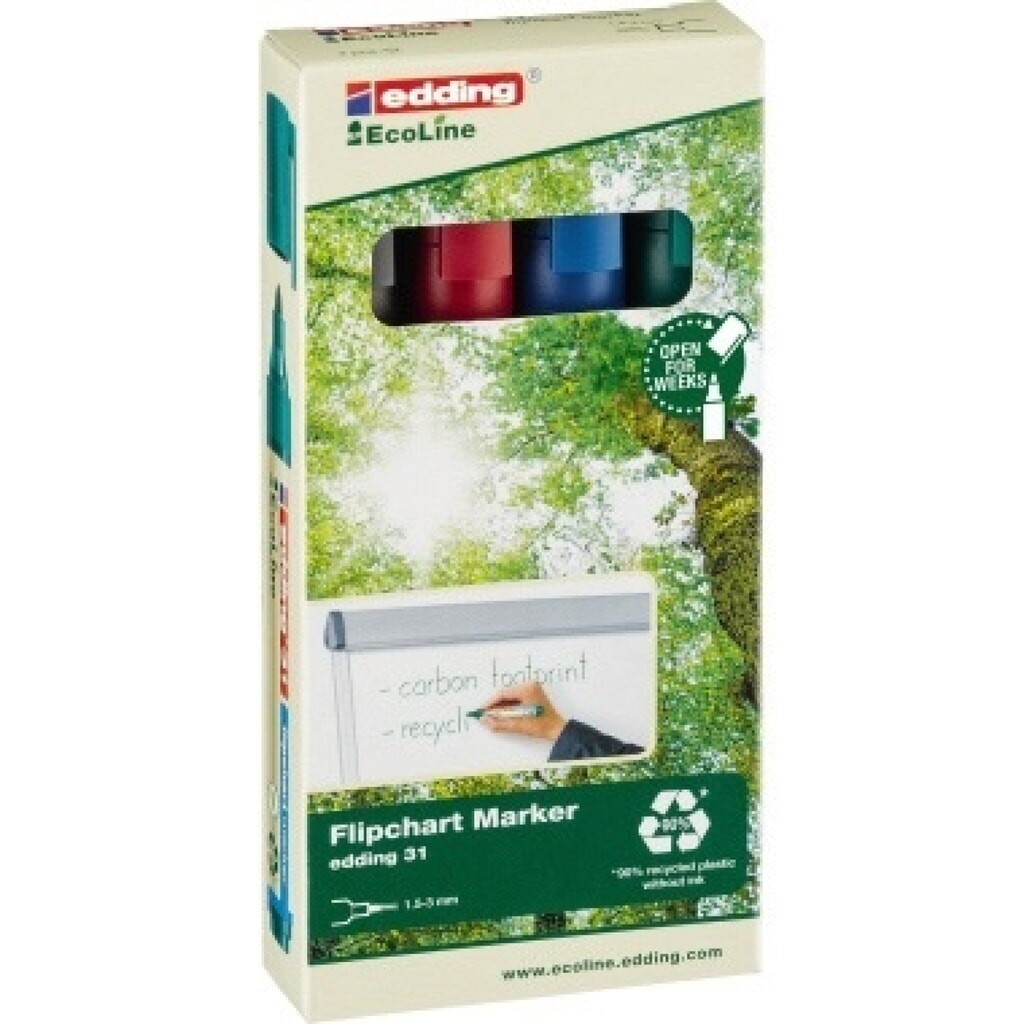 edding Flipchartmarker 31 EcoLine 4-31-4 1,5-3mm sortiert 4 St./Pack. Produktabbildung: edding Flipchartmarker 31 EcoLine 4-31-4 1,5-3mm sortiert 4 St./Pack.