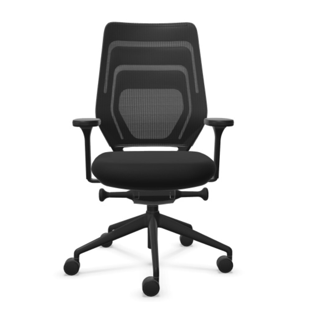 Produktabbildung: FM Büromöbel Schwerlast-Bürostuhl FM asiento, Synchronmechanik, 4D Armlehnen, 3D Sitzneigefunktion, Rückenlehne mit 3D-Strickgewebe, transparent bezogen, ohne Lordosenstütze, schwarz