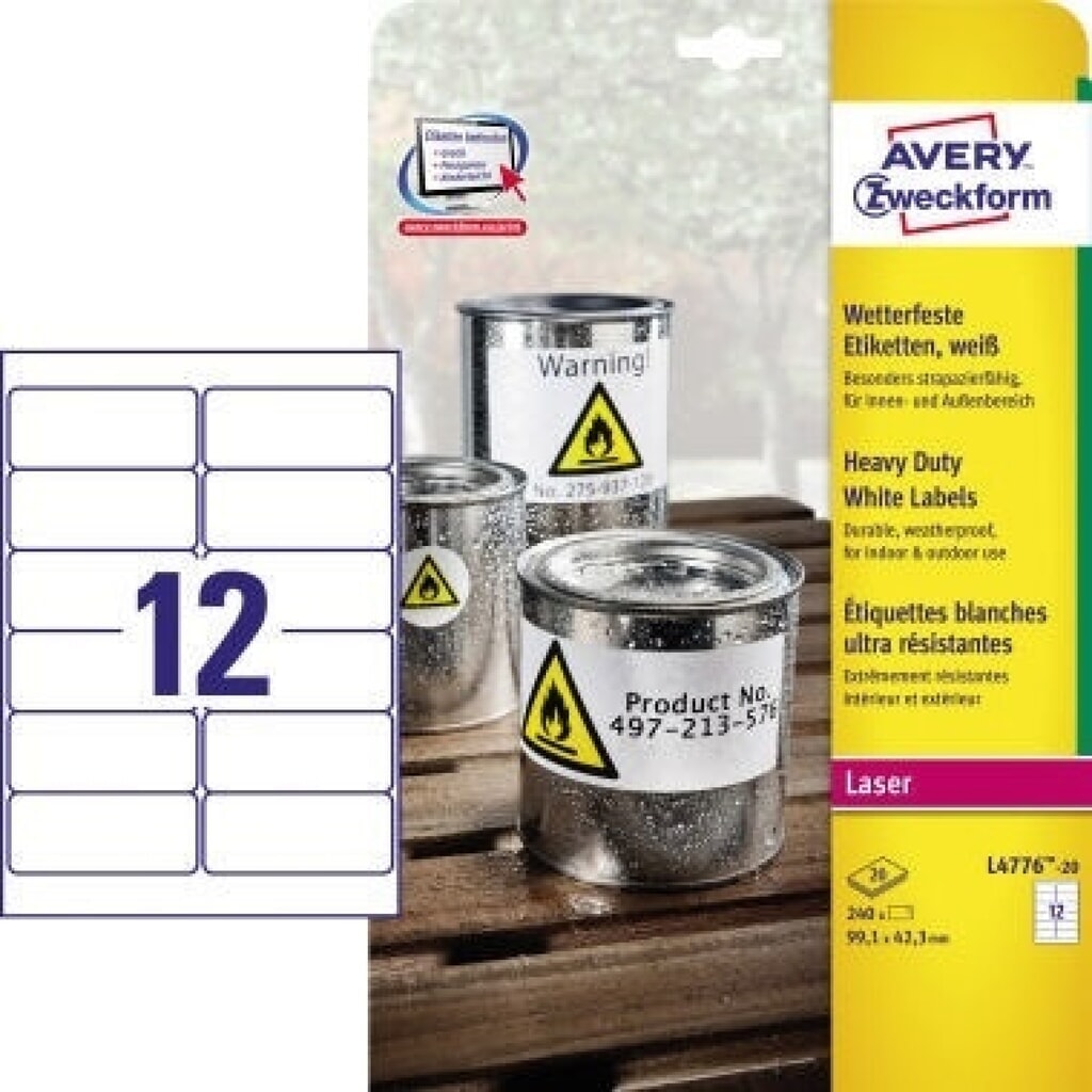 Avery Zweckform Folienetikett L4776-20 99,1x42,3mm 240 St./Pack. Produktabbildung: Avery Zweckform Folienetikett L4776-20 99,1x42,3mm 240 St./Pack.