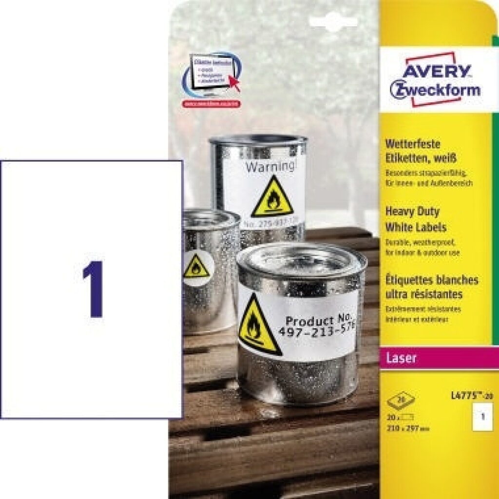 Avery Zweckform Folienetikett L4775-20 210x297mm 20 St./Pack. Produktabbildung: Avery Zweckform Folienetikett L4775-20 210x297mm 20 St./Pack.