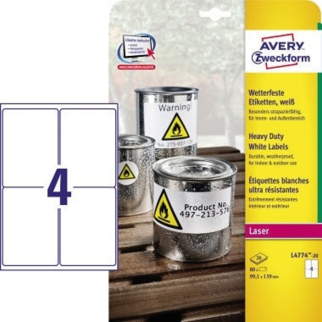 Avery Zweckform Folienetikett L4774-20 99,1x135mm 80 St./Pack. Produktabbildung Nr. 1: Avery Zweckform Folienetikett L4774-20 99,1x135mm 80 St./Pack.