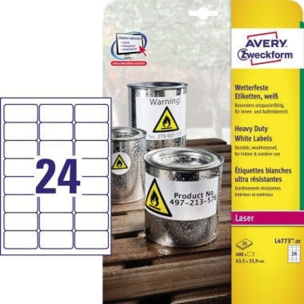 Produktabbildung: Avery Zweckform Folienetikett L4773-20 63,5x33,9mm 480 St./Pack.