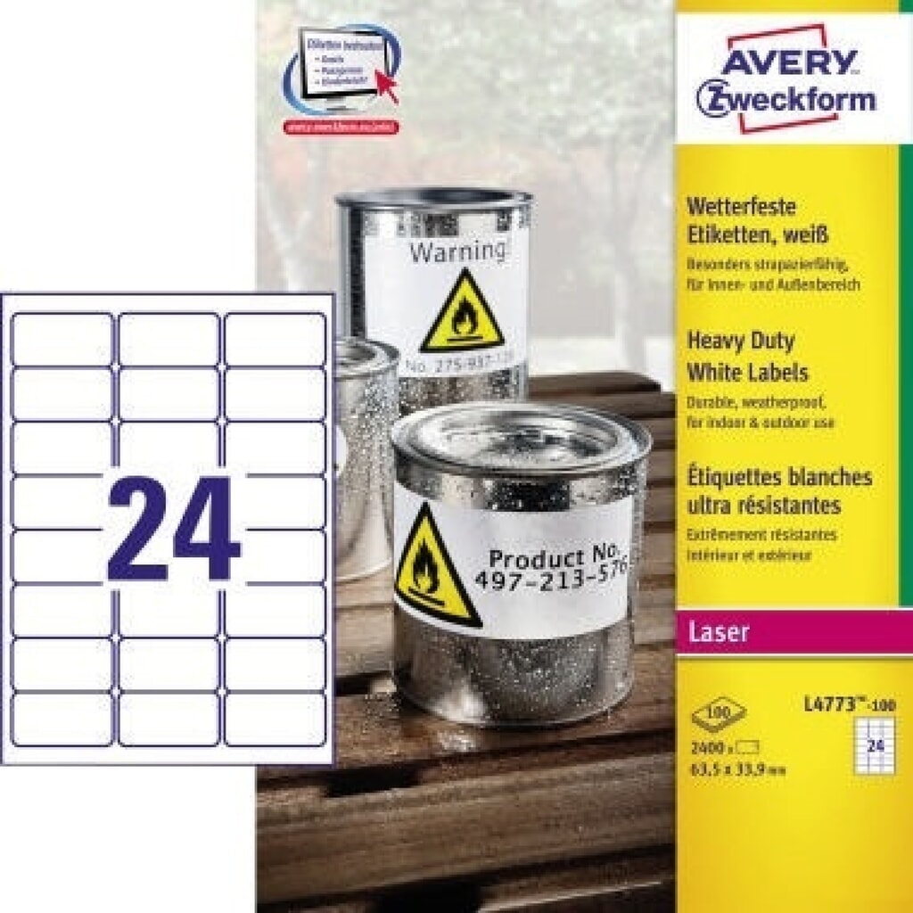 Avery Zweckform Etikett L4773-100 63,5x33,9 mm wetterfest LK Produktabbildung: Avery Zweckform Etikett L4773-100 63,5x33,9 mm wetterfest LK