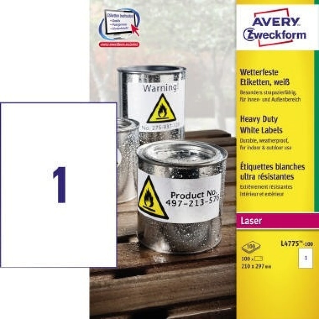 Produktabbildung: Avery Zweckform Etikett L4775-100 210x297mm wetterfest LK