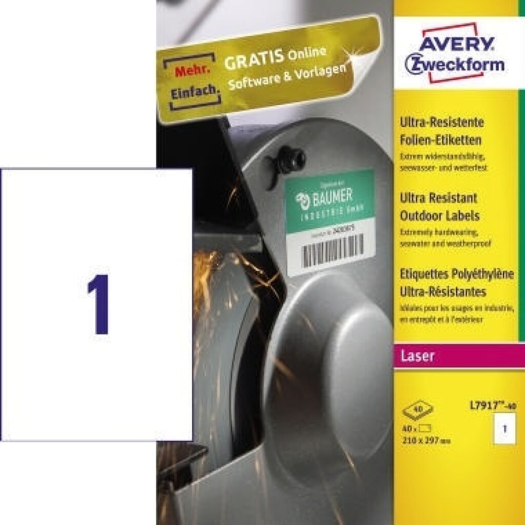 Produktabbildung Nr. 1: Avery Zweckform Etikett L7917-40 210x297mm ws 40 St./Pack.