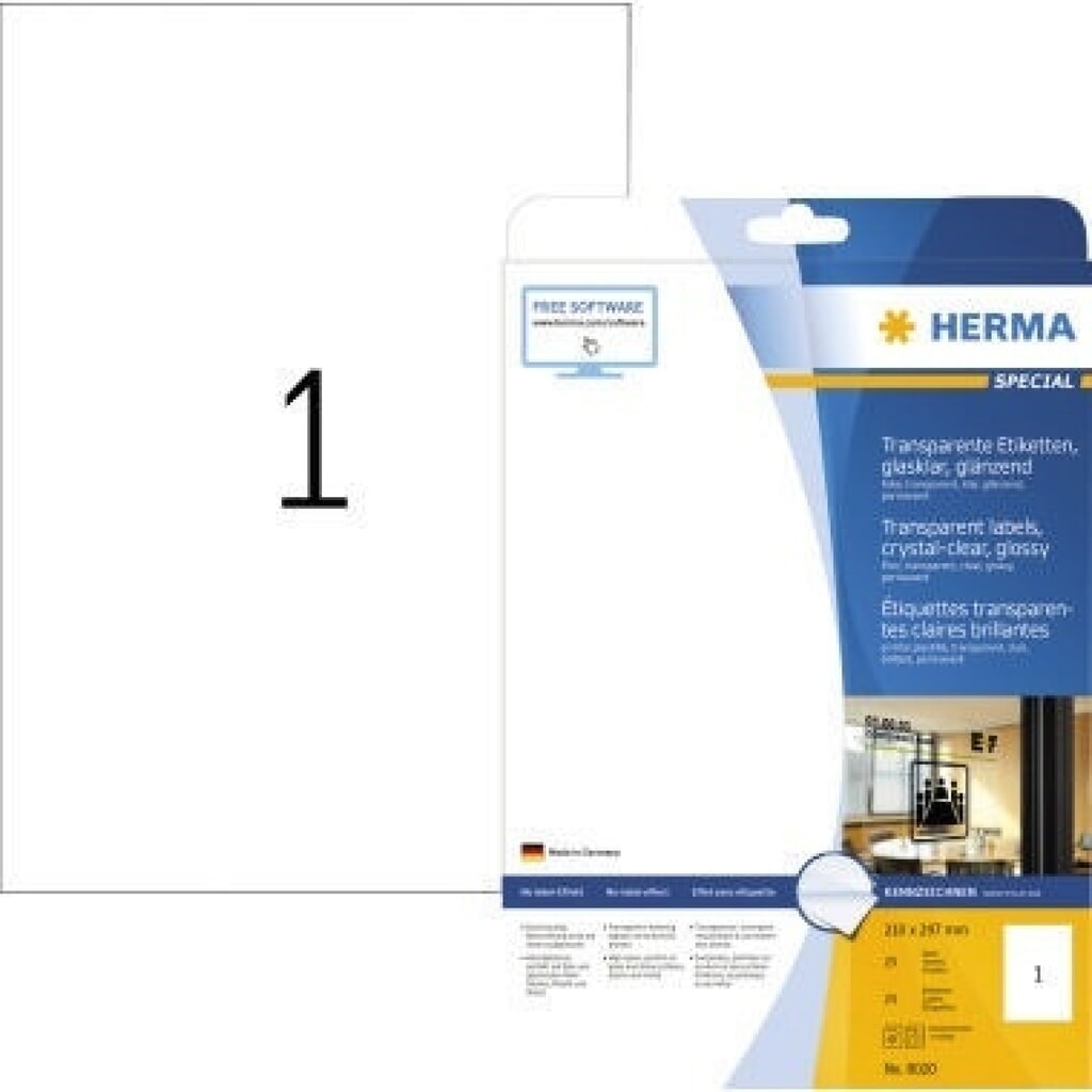 HERMA Folienetikett 8020 210x297mm tr 25 St./Pack. Produktabbildung Nr. 1: HERMA Folienetikett 8020 210x297mm tr 25 St./Pack.