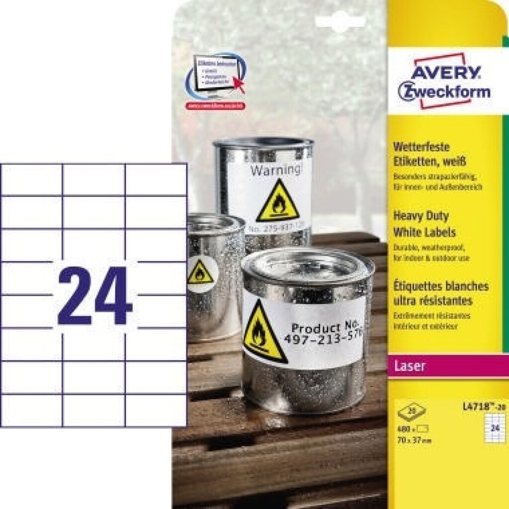 Produktabbildung: Avery Zweckform Etikett L4718-20 70x37mm ws 480 St./Pack.