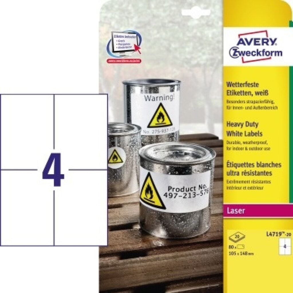 Produktabbildung Nr. 1: Avery Zweckform Etikett L4719-20 105x148mm ws 80 St./Pack.