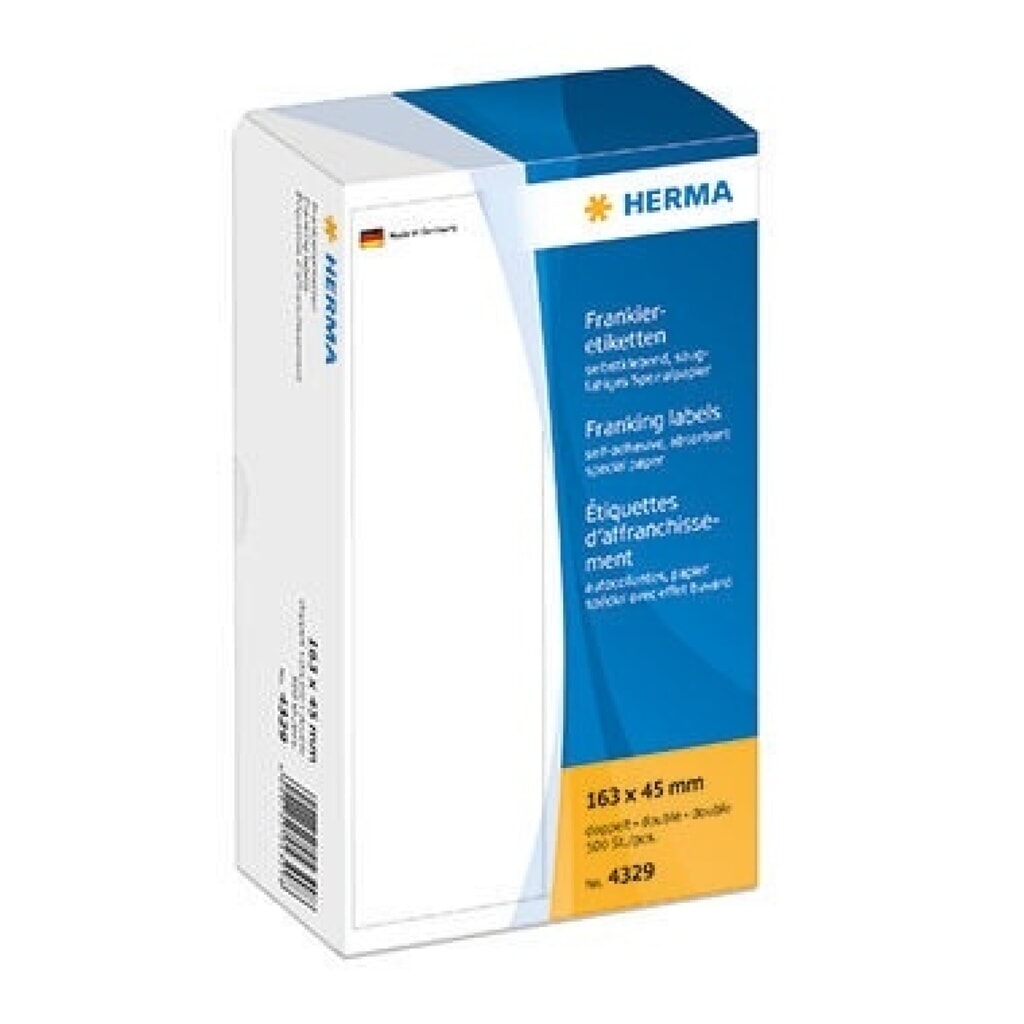 HERMA Frankieretikett 4329 163x45mm doppelt weiß 500 St./Pack. Produktabbildung: HERMA Frankieretikett 4329 163x45mm doppelt weiß 500 St./Pack.