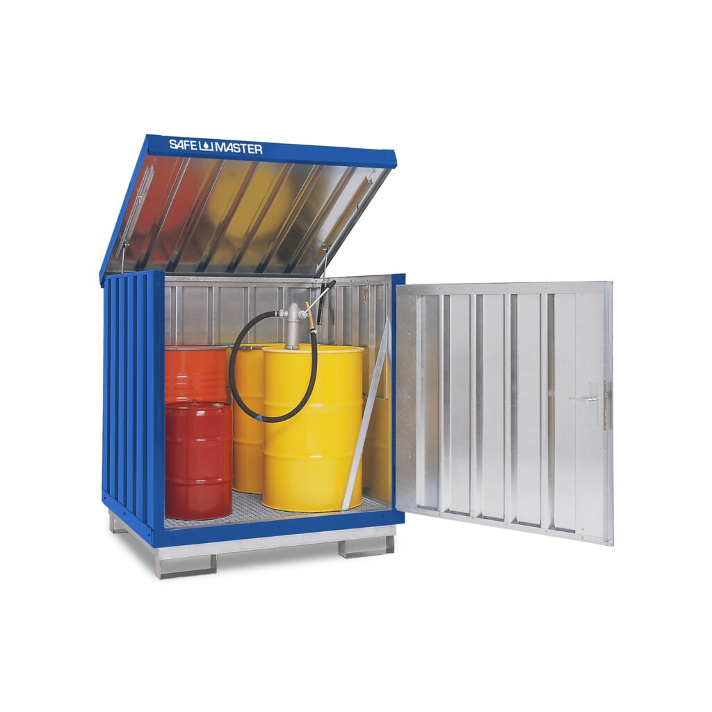 SAFE Master® Gefahrstoff-Depot, verzinkt und lackiert, 4x 200 l, HxBxT 1.610 x 1.420 x 1.490 mm, enzianblau Produktabbildung: SAFE Master® Gefahrstoff-Depot, verzinkt und lackiert, 4x 200 l, HxBxT 1.610 x 1.420 x 1.490 mm, enzianblau