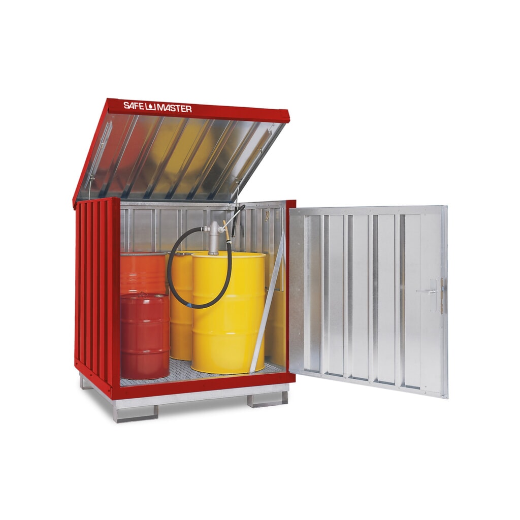 SAFE Master® Gefahrstoff-Depot, verzinkt und lackiert, 4x 200 l, HxBxT 1.610 x 1.420 x 1.490 mm, feuerrot Produktabbildung: SAFE Master® Gefahrstoff-Depot, verzinkt und lackiert, 4x 200 l, HxBxT 1.610 x 1.420 x 1.490 mm, feuerrot