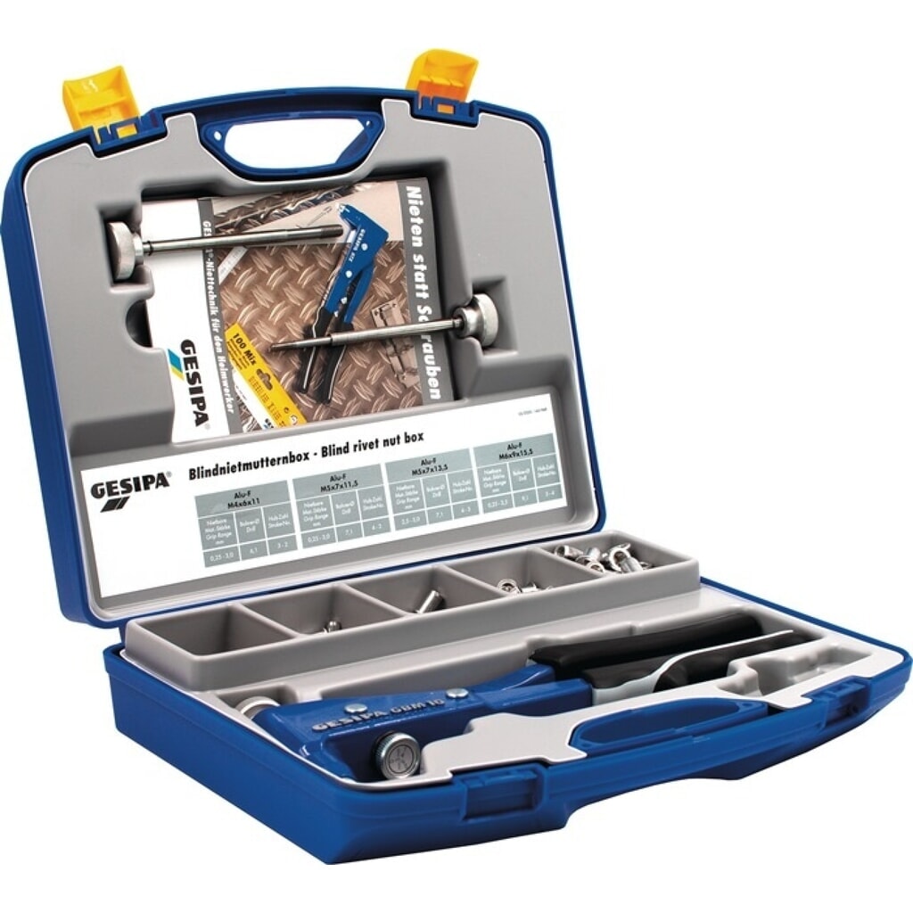 Blindnietmutternsortimentbox 156 teilig Zange GBM10 u.Blindnietmutter M4 - M6 im Kunststoffkoffer Produktabbildung: Blindnietmutternsortimentbox 156 teilig Zange GBM10 u.Blindnietmutter M4 - M6 im Kunststoffkoffer